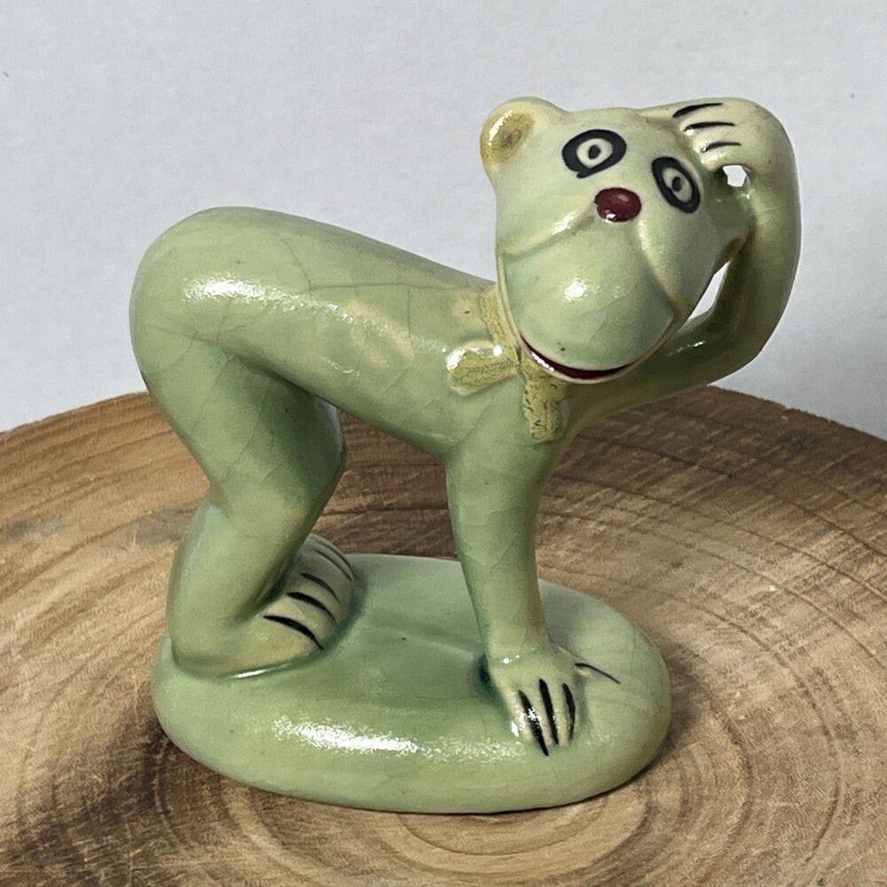 Art Deco Era VTG Made In Japan Green Celadon Bisque Ceramic Monkey Figurine